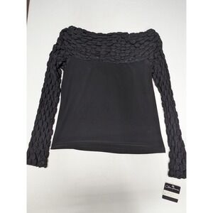 Clara Sunwoo Black Bubble Knit Textured Long Sleeve Boat Neck Top Size M NEW